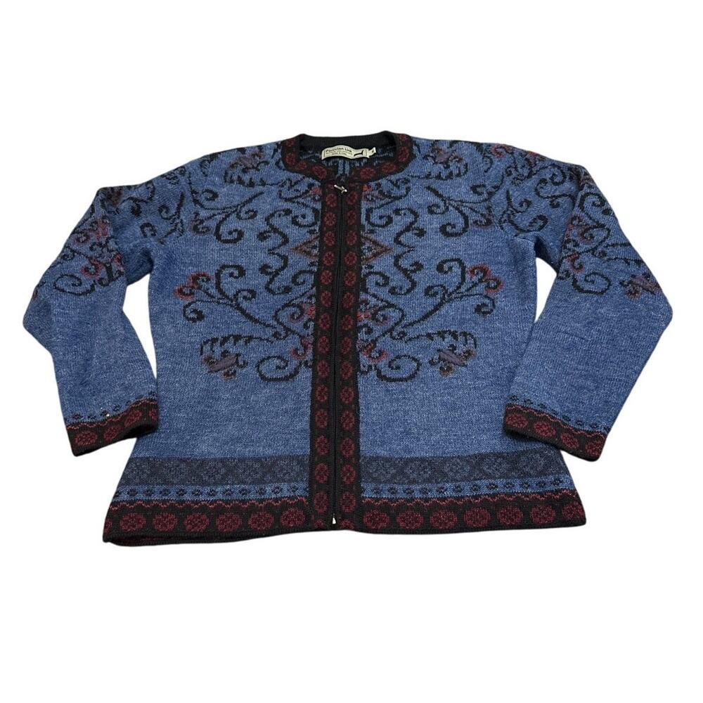 Peruvian Link Alpaca Wool Zip Cardigan Sweater Nordic Floral Blue Vintage Medium